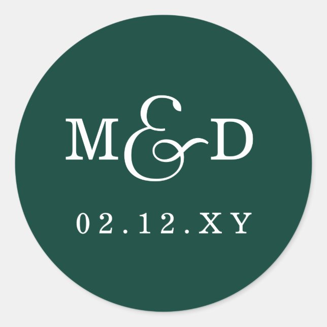 Emerald Green Simple Modern Monogram Wedding Classic Round Sticker (Front)