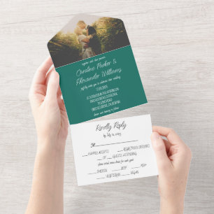 Emerald Green Simple Modern Photo Wedding All In One Invitation