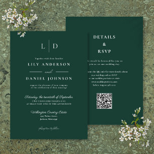 Emerald Green Simple Monogram QR Code Wedding Invitation