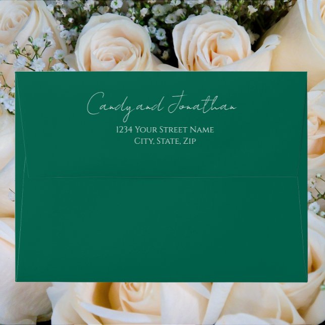 Emerald Green Simple Style Modern Script Wedding Envelope (In Situ Flowers)