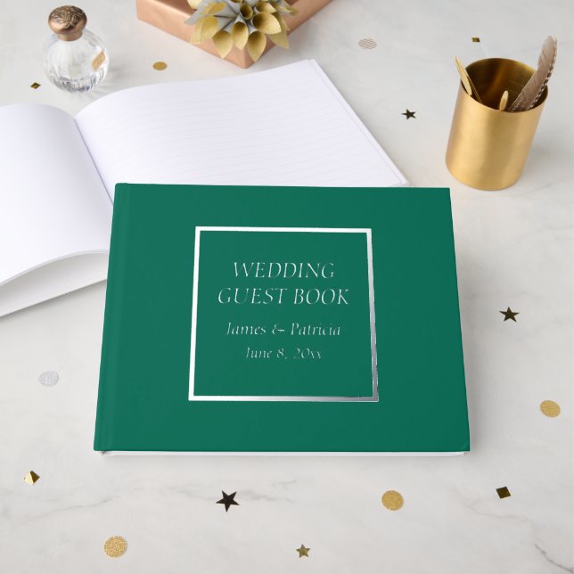 Emerald Green Simple Stylised Lettering Wedding Guest Book (Front Open)