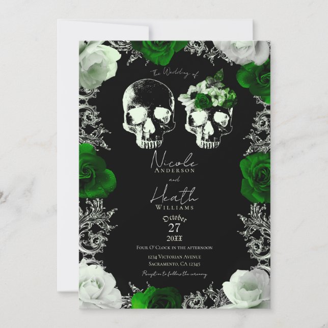 Emerald Green Skeleton Skull Roses Gothic Wedding Invitation (Front)