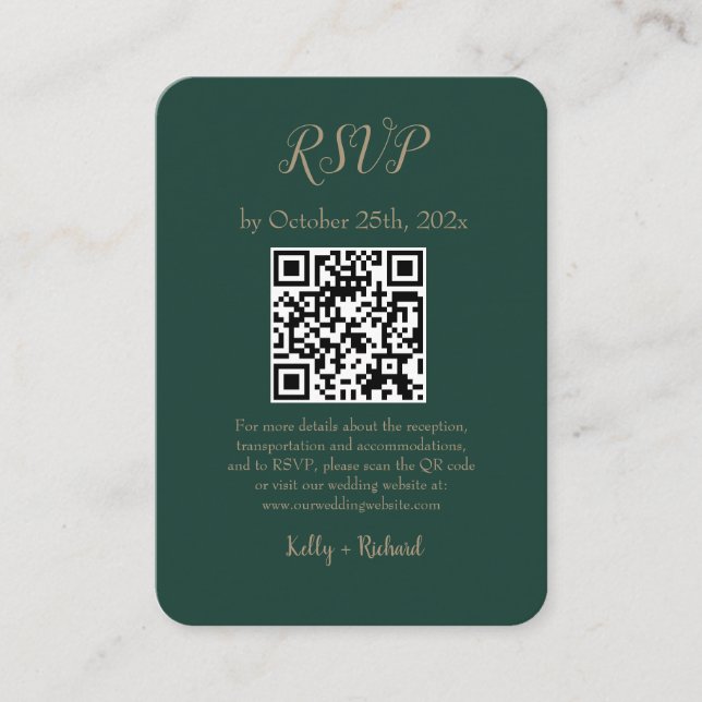 Emerald Green Small Vertical Wedding RSVP QR Code Enclosure Card (Front)