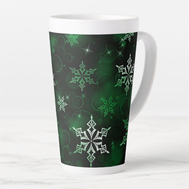 Emerald Green Snowflake Motif Latte Mug (Right Angle)