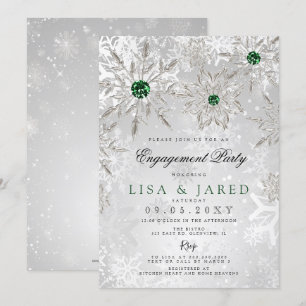 Emerald Green Snowflakes Winter Engagement Party Invitation
