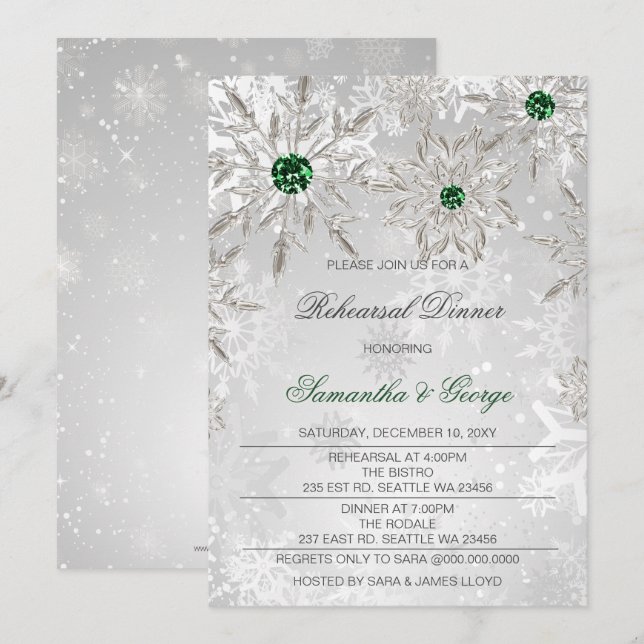 Emerald Green Snowflakes Winter Rehearsal Dinner Invitation (Front/Back)