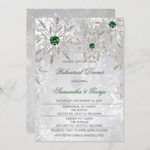Emerald Green Snowflakes Winter Rehearsal Dinner Invitation