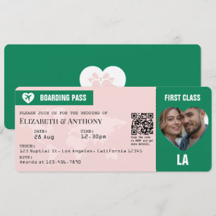 Emerald Green & Soft Blush Boarding Pass Wedding Invitation