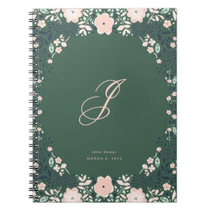 Emerald Green Soft Monogram Floral Personal Custom Notebook
