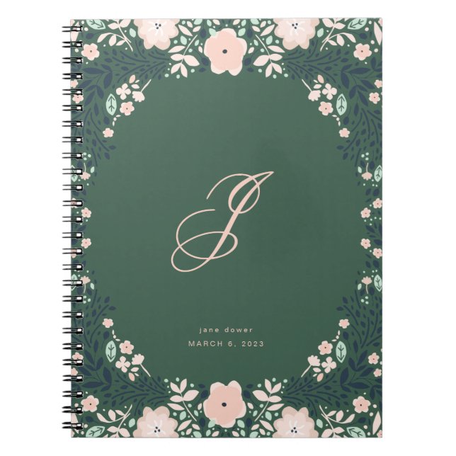 Emerald Green Soft Monogram Floral Personal Custom Notebook (Front)