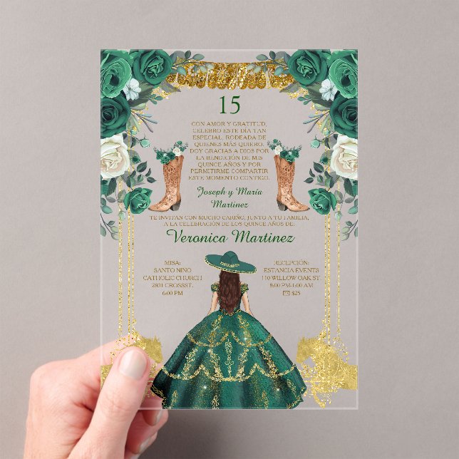 Emerald Green Spanish Boots Gold 15 Años Birthday Acrylic Invitations (Insitu (Handheld))