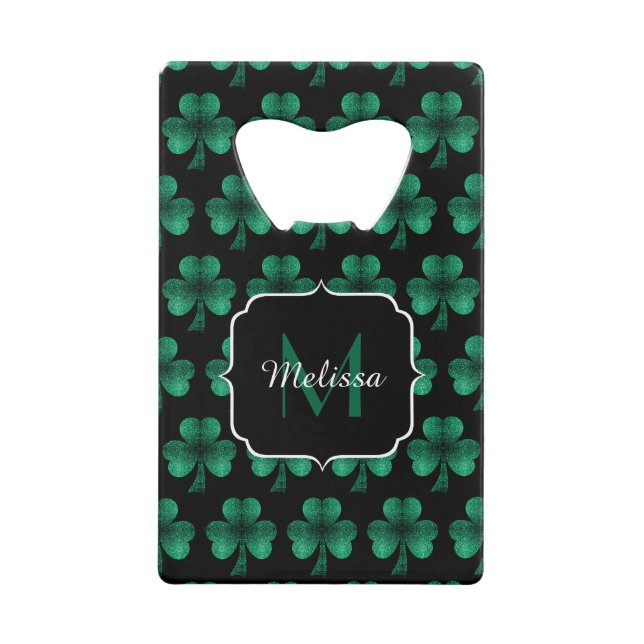 Emerald Green Sparkle Shamrock black Monogram (Front)