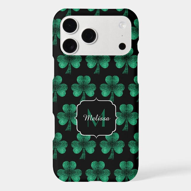 Emerald Green Sparkle Shamrock black Monogram (Back)
