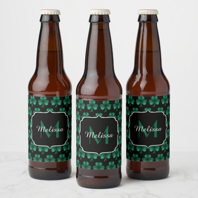 Emerald Green Sparkle Shamrock black Monogram Beer Bottle Label (Bottles)