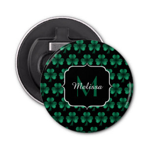 Emerald Green Sparkle Shamrock black Monogram Bottle Opener