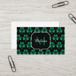 Emerald Green Sparkle Shamrock black Monogram Business Card