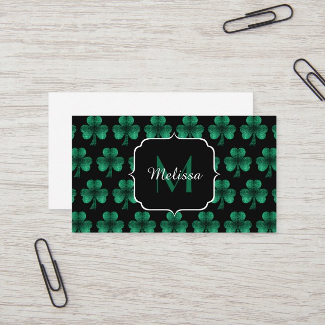 Emerald Green Sparkle Shamrock black Monogram Business Card (Front/Back In Situ)