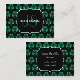 Emerald Green Sparkle Shamrock black Monogram Business Card