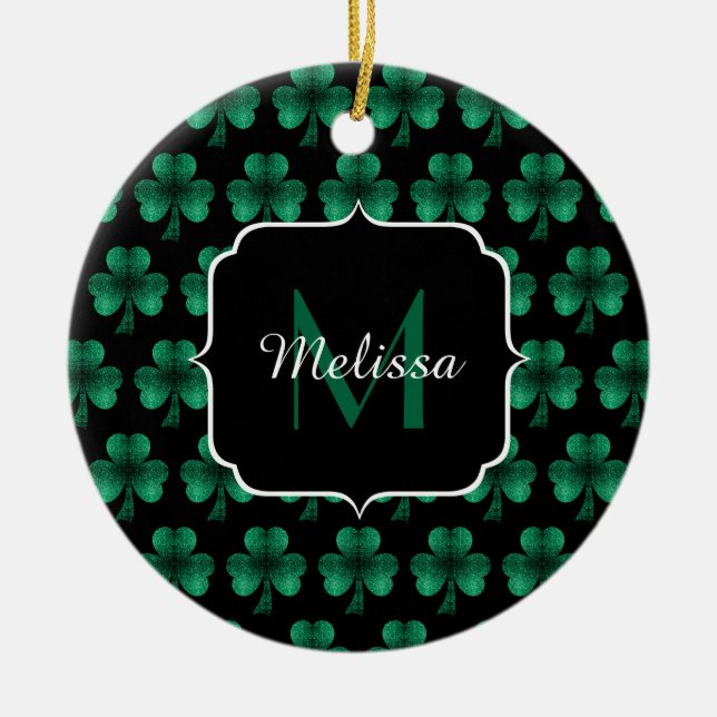 Emerald Green Sparkle Shamrock black Monogram Ceramic Tree Decoration (Front)