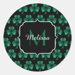Emerald Green Sparkle Shamrock black Monogram Classic Round Sticker
