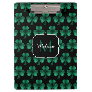 Emerald Green Sparkle Shamrock black Monogram Clipboard