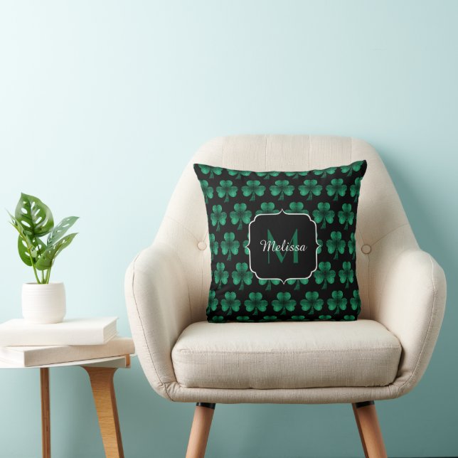 Emerald Green Sparkle Shamrock black Monogram Cushion (Chair)