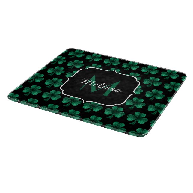 Emerald Green Sparkle Shamrock black Monogram Cutting Board (Corner)