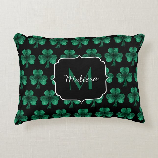 Emerald Green Sparkle Shamrock black Monogram Decorative Cushion (Front)