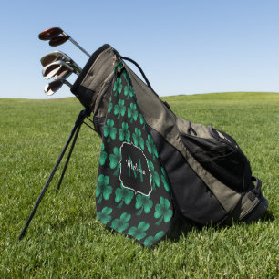 Emerald Green Sparkle Shamrock black Monogram Golf Towel