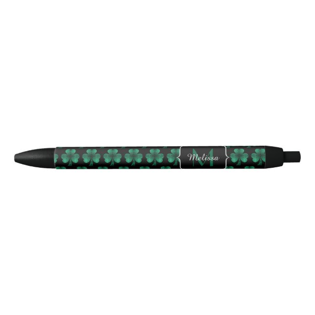 Emerald Green Sparkle Shamrock black Monogram Ink Pen (Front)