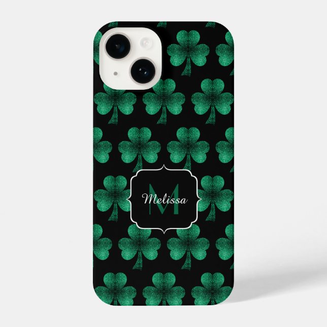 Emerald Green Sparkle Shamrock black Monogram iPhone Case (Back)