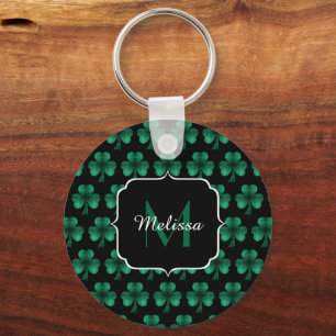Emerald Green Sparkle Shamrock black Monogram Key Ring