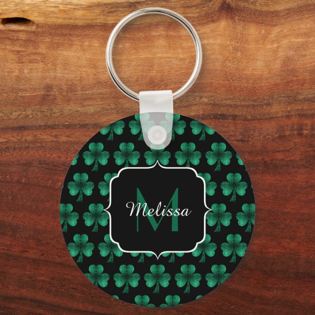 Emerald Green Sparkle Shamrock black Monogram Key Ring (Front)