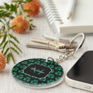 Emerald Green Sparkle Shamrock black Monogram Key Ring
