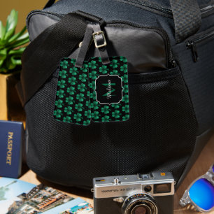 Emerald Green Sparkle Shamrock black Monogram Luggage Tag