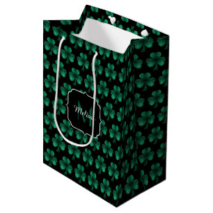 Emerald Green Sparkle Shamrock black Monogram Medium Gift Bag