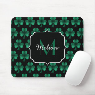 Emerald Green Sparkle Shamrock black Monogram Mouse Mat