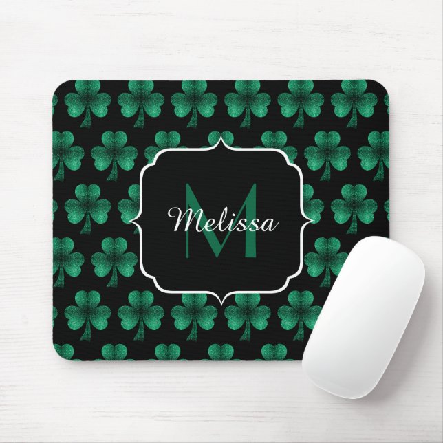 Emerald Green Sparkle Shamrock black Monogram Mouse Mat (With Mouse)