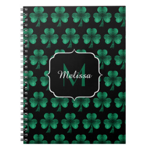 Emerald Green Sparkle Shamrock black Monogram Notebook
