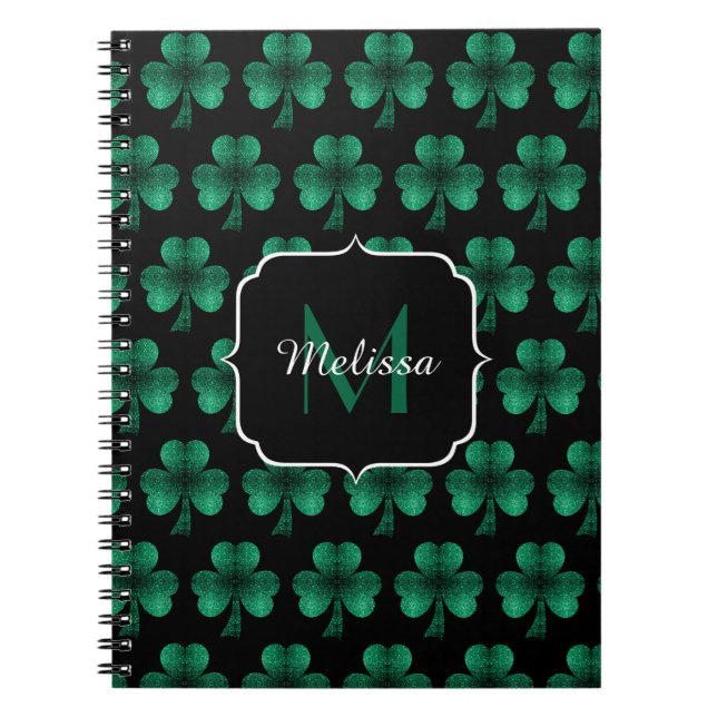 Emerald Green Sparkle Shamrock black Monogram Notebook (Front)