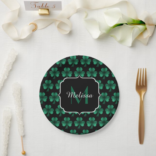 Emerald Green Sparkle Shamrock black Monogram Paper Plate (Wedding)