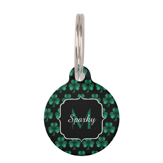 Emerald Green Sparkle Shamrock black Monogram Pet Tag (Front)