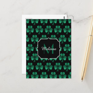 Emerald Green Sparkle Shamrock black Monogram Postcard