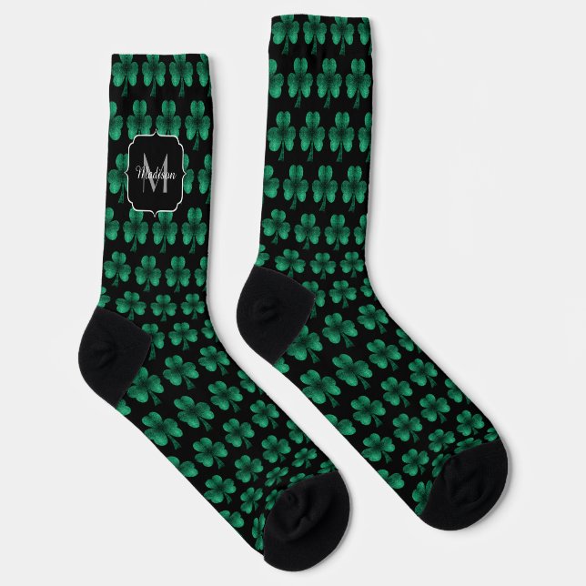 Emerald Green Sparkle Shamrock black Monogram Socks (Right)
