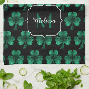 Emerald Green Sparkle Shamrock black Monogram Tea Towel