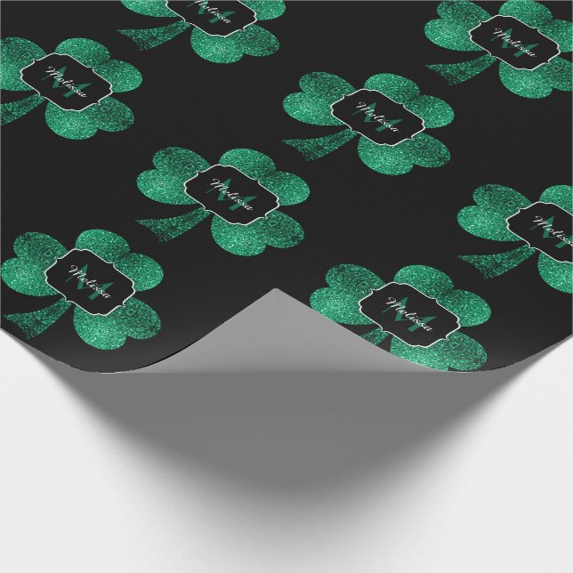 Emerald Green Sparkle Shamrock black Monogram Wrapping Paper (Corner)