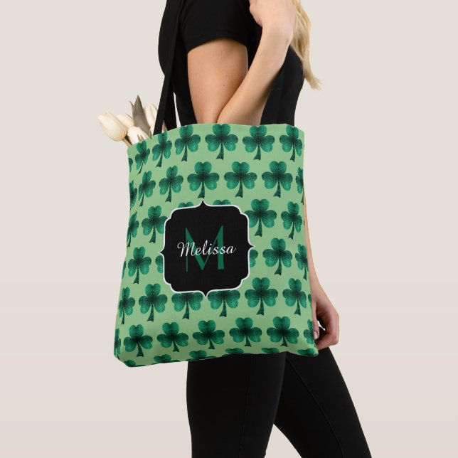 Emerald Green Sparkle Shamrock St Patrick Monogram Tote Bag (Close Up)
