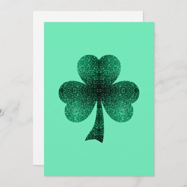 Emerald Green Sparkles Shamrock Clover Invitation (Front/Back)