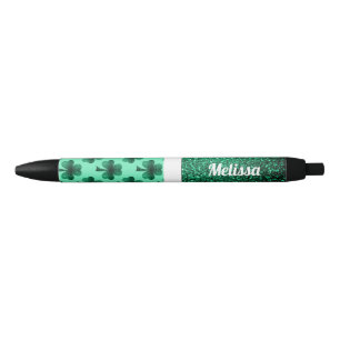 Emerald Green Sparkles Shamrock Clover Personalize Black Ink Pen