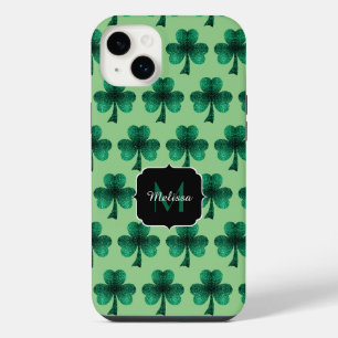 Emerald Green Sparkles Shamrock Custom Monogram iPhone 14 Plus Case